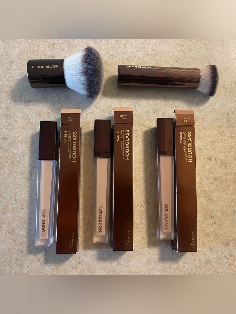 Hourglass Vanish Concealer Trio — Ecru, Drift, Suede. Foundation & Buffing Brush